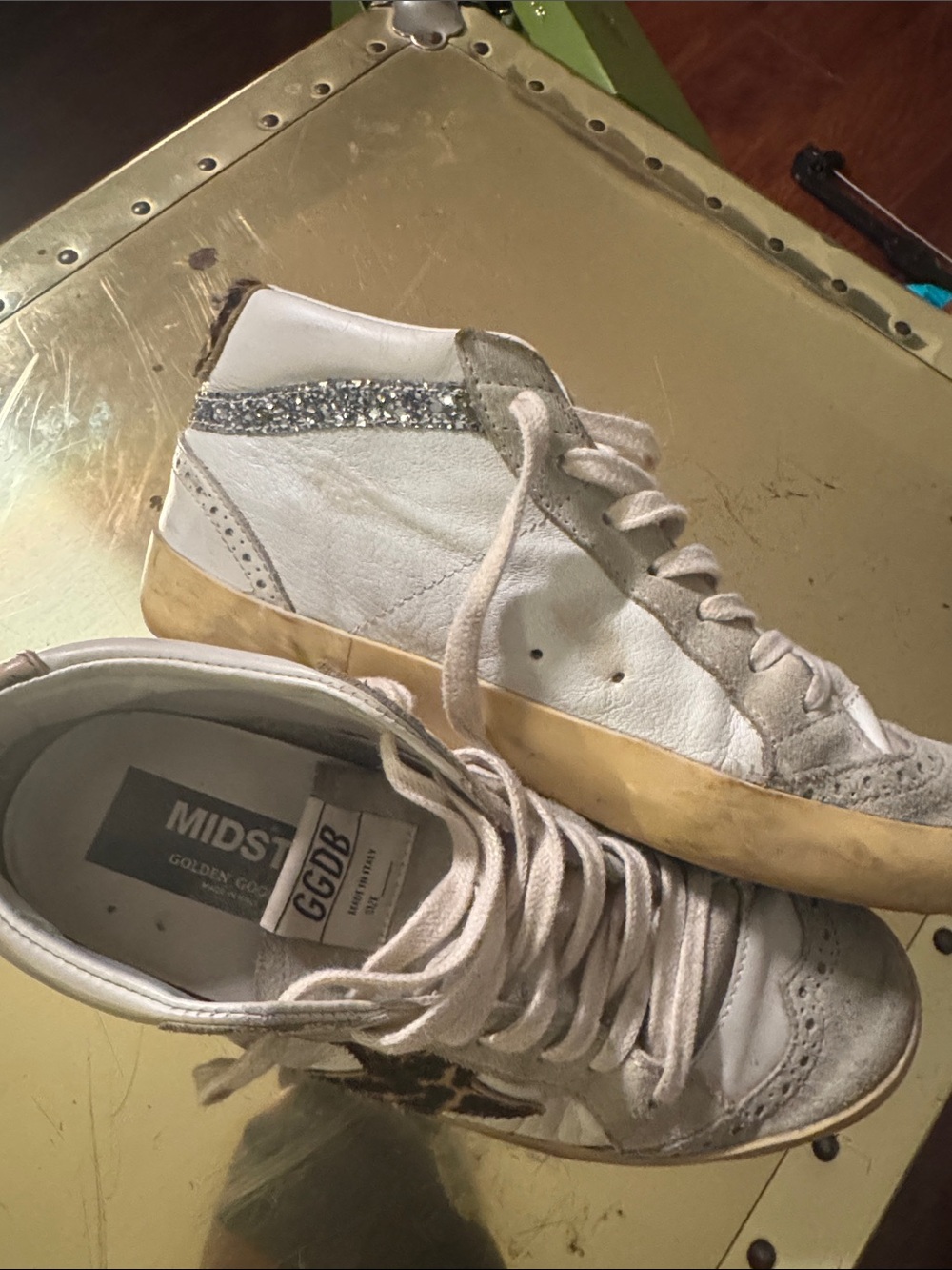 White Leather High-Top Sneakers with Leopard Star and Silver Glitter - Picture 7 of 7